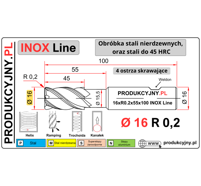 Frez z promieniem naroża fi 16 R0,2 INOX LINE
